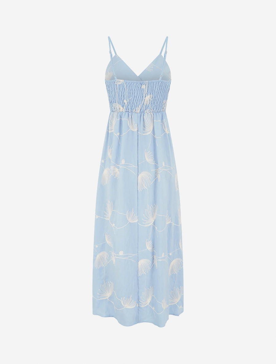 Robe longue empire à broderies végétales - Bleu ciel - 2