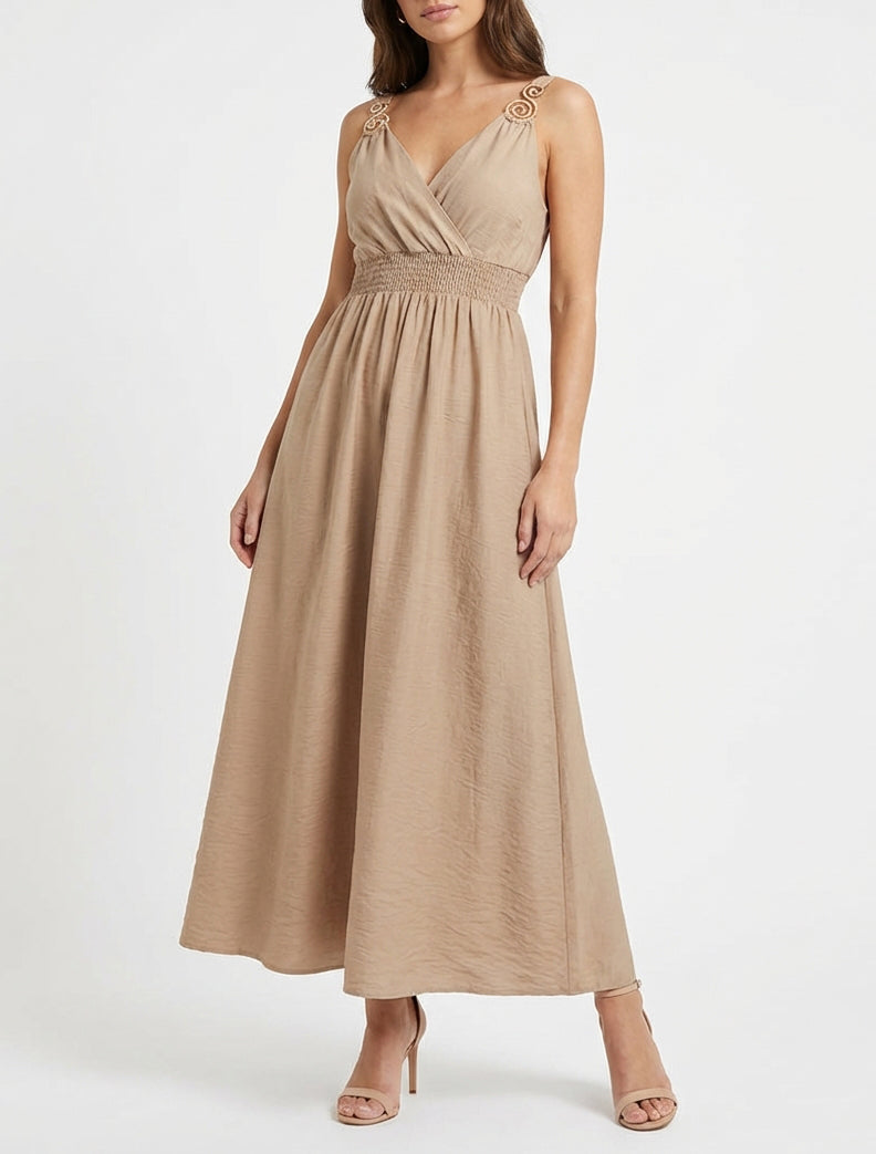Abito lungo con spalline gioiello - Beige