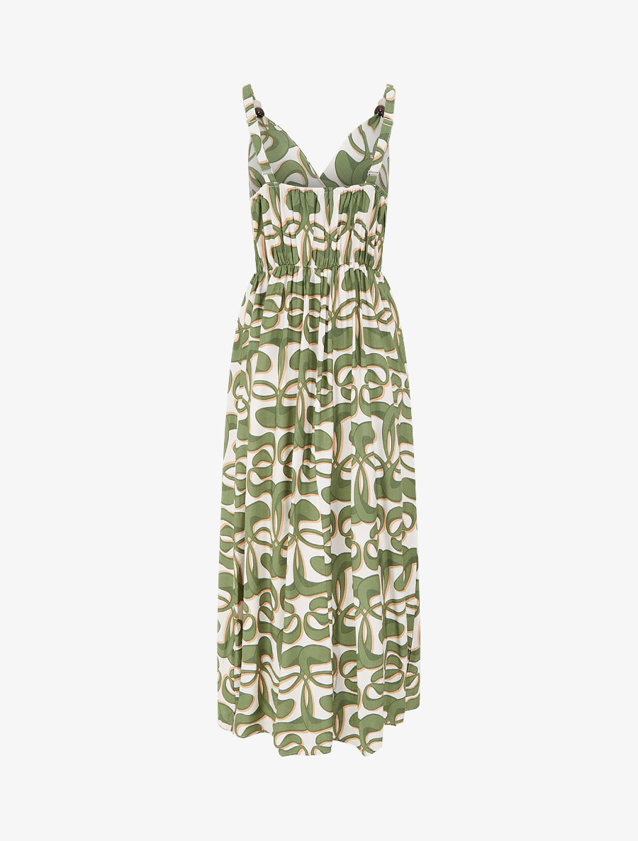 Robe longue à bretelles perlées et imprimé graphique - Kaki - 2