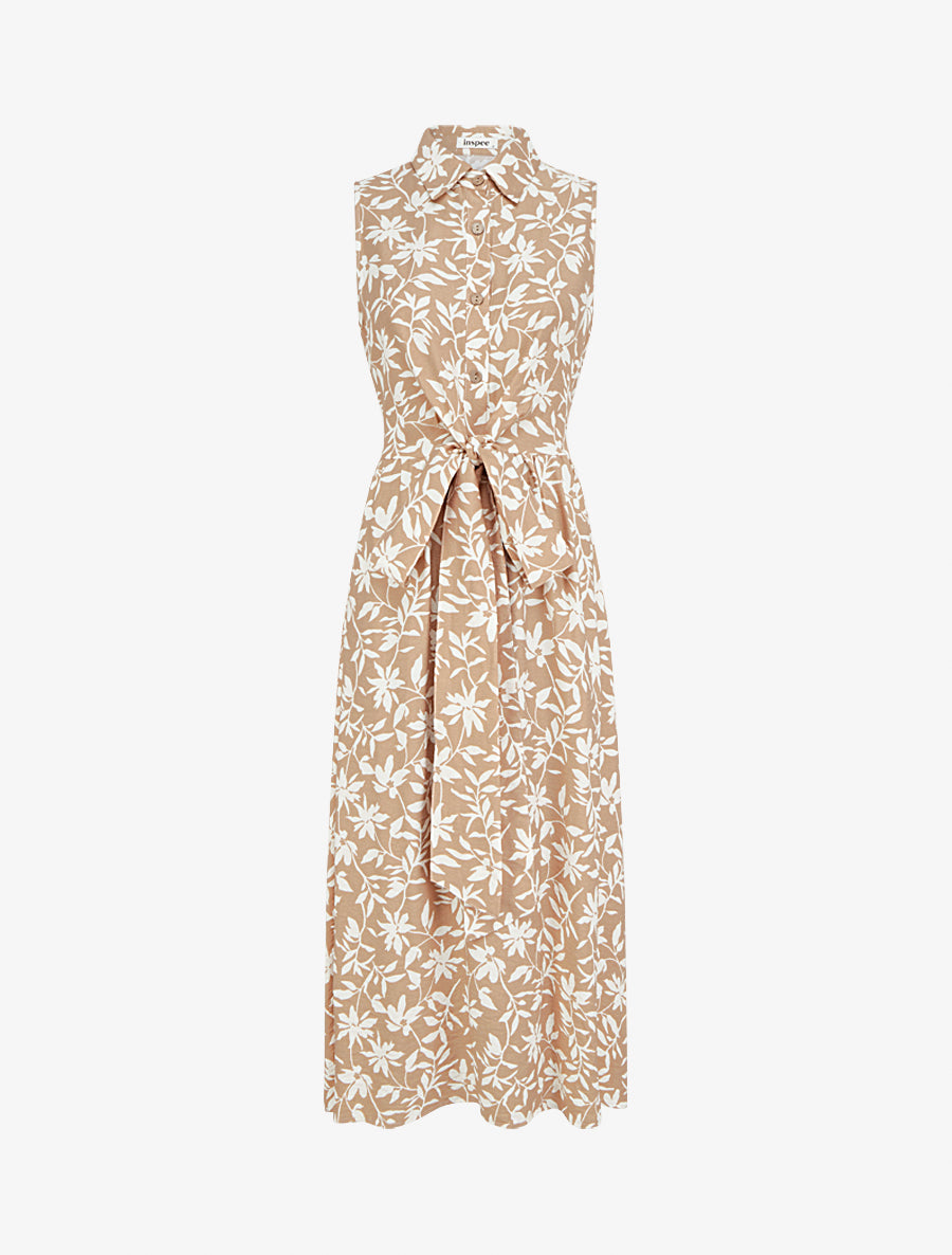 Robe fleurie sans manches à noeud - Beige - 1