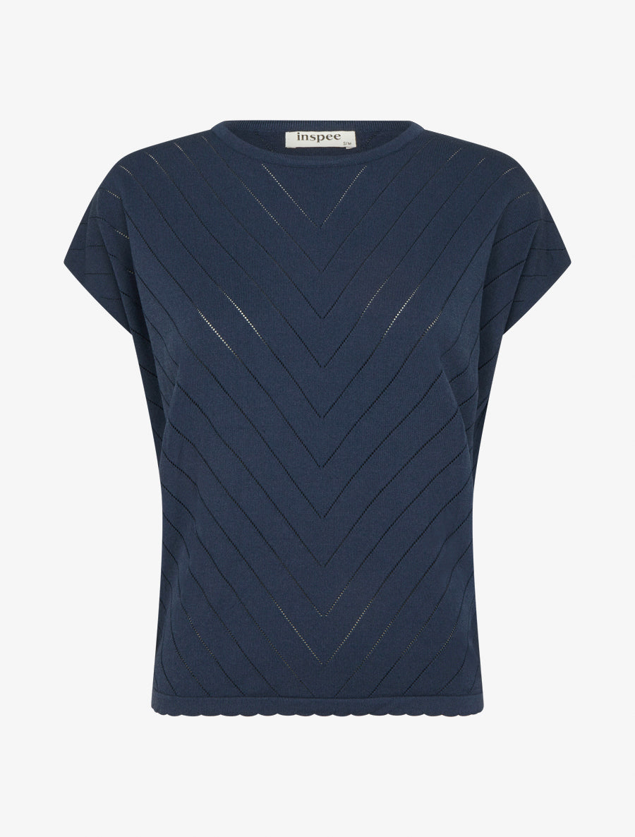 Top uni ajouré à col rond - Marine - 1