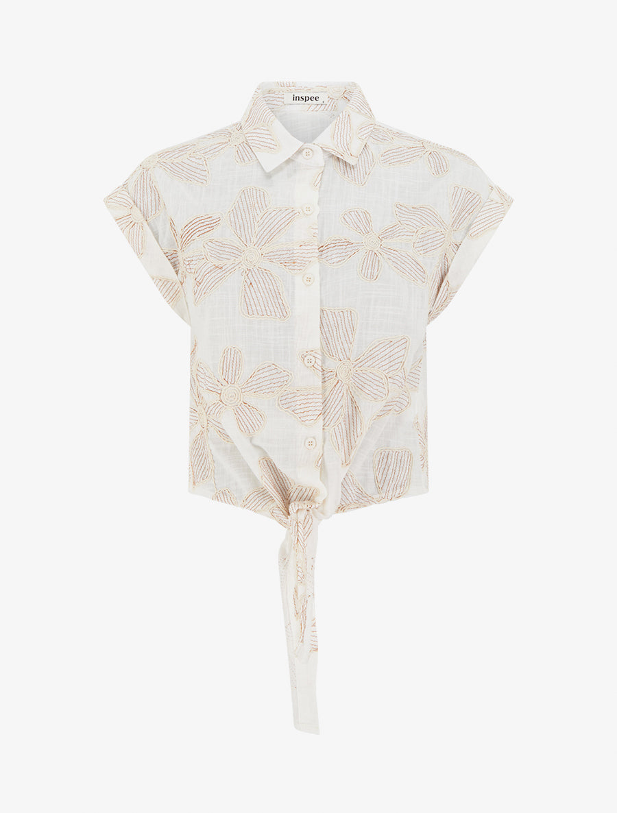 Chemise à nouer à broderies fleuries - Écru - 1
