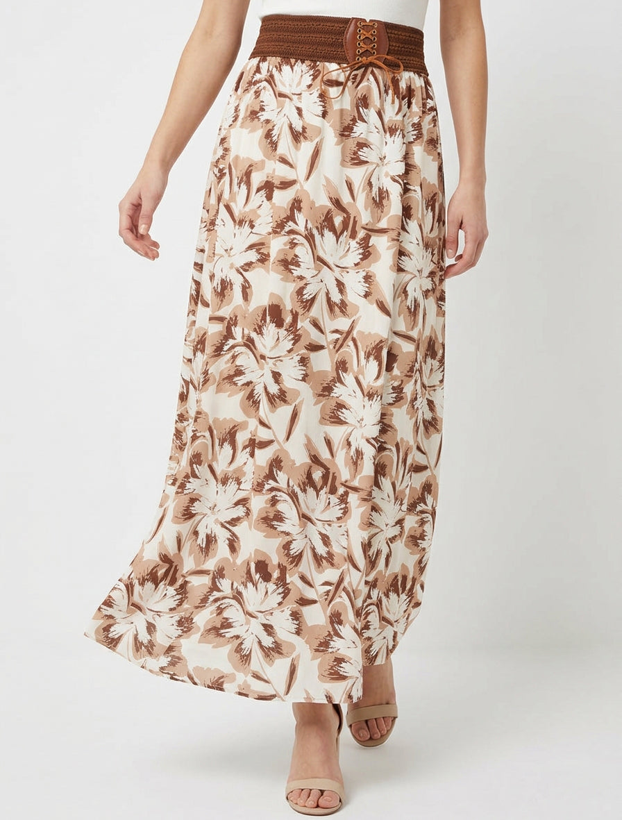 Gonna lunga elasticizzata con stampa floreale - Marrone