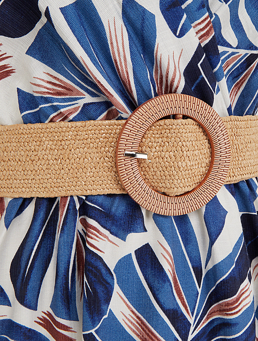 Robe longue évasée sans manches imprimé tropical - Bleu - 3