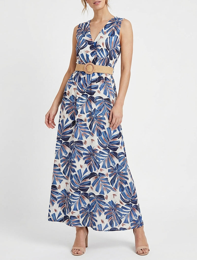 Abito lungo svasato senza maniche stampa tropicale - Blu