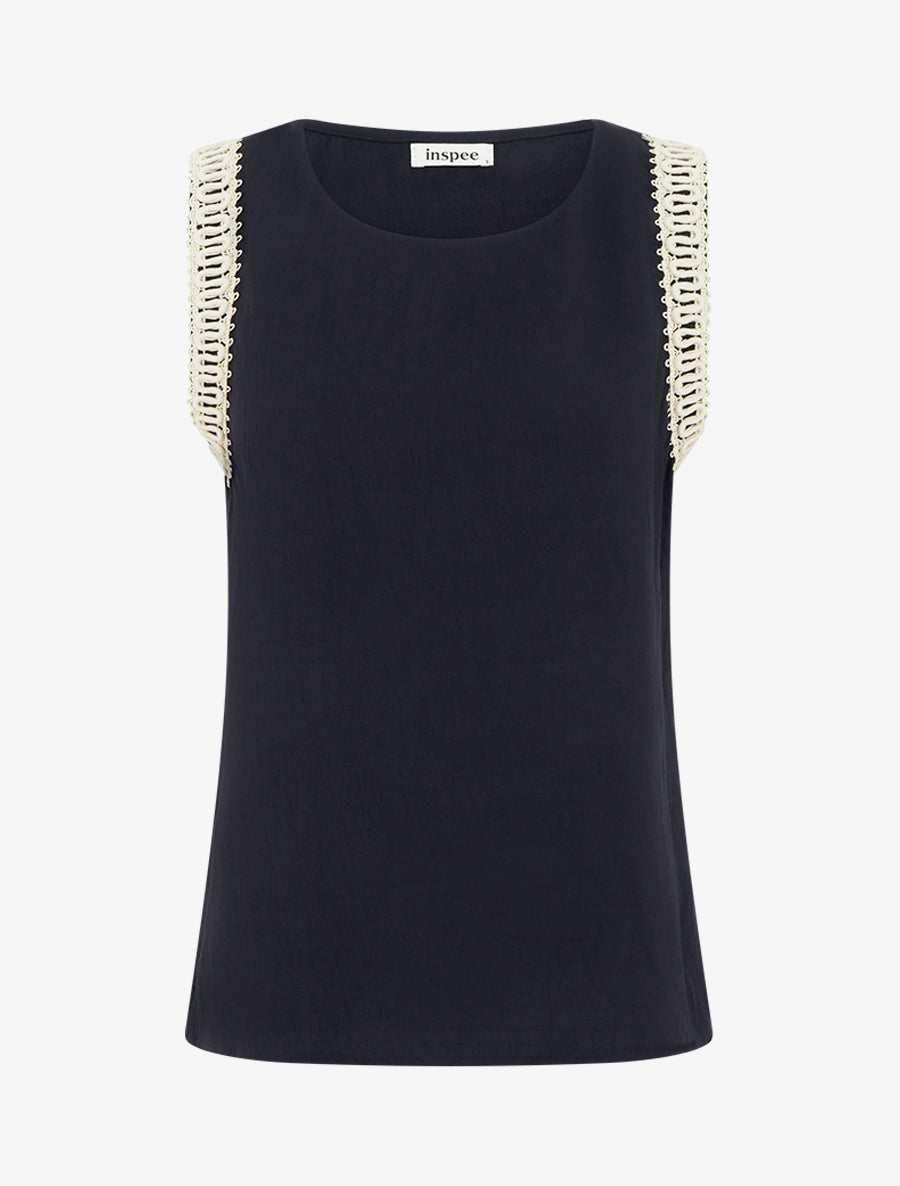 Top sans manches droit à broderies - Marine - 1