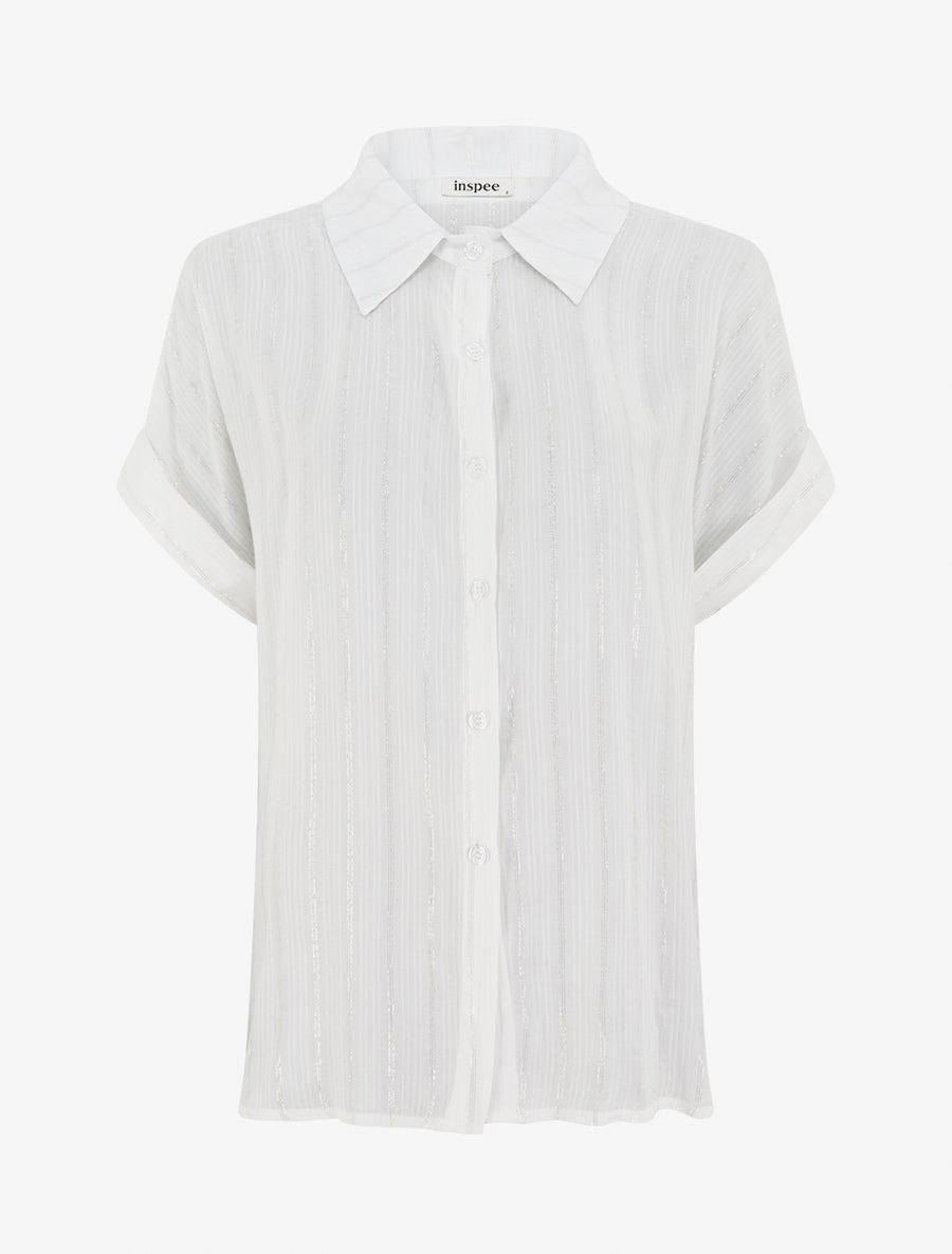 Chemise ample manches courtes à fine rayures irisées - Blanc - 1