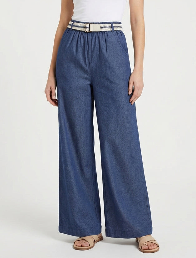 Pantaloni ampi a vita alta con cintura - Blu grezzo