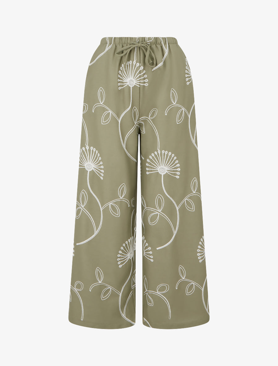 Pantalon ample à broderies florales - Kaki - 1