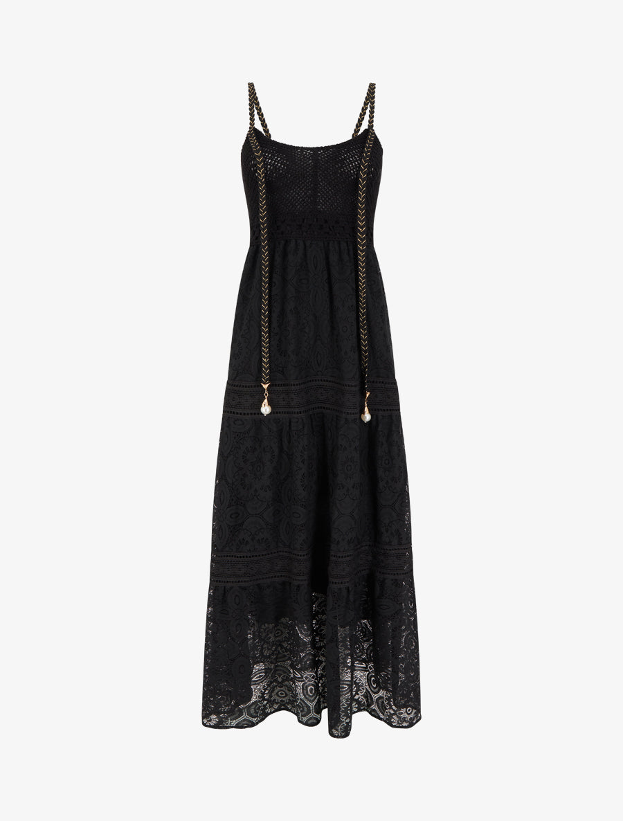 Robe longue en dentelle à bretelles tressées - Noir - 1