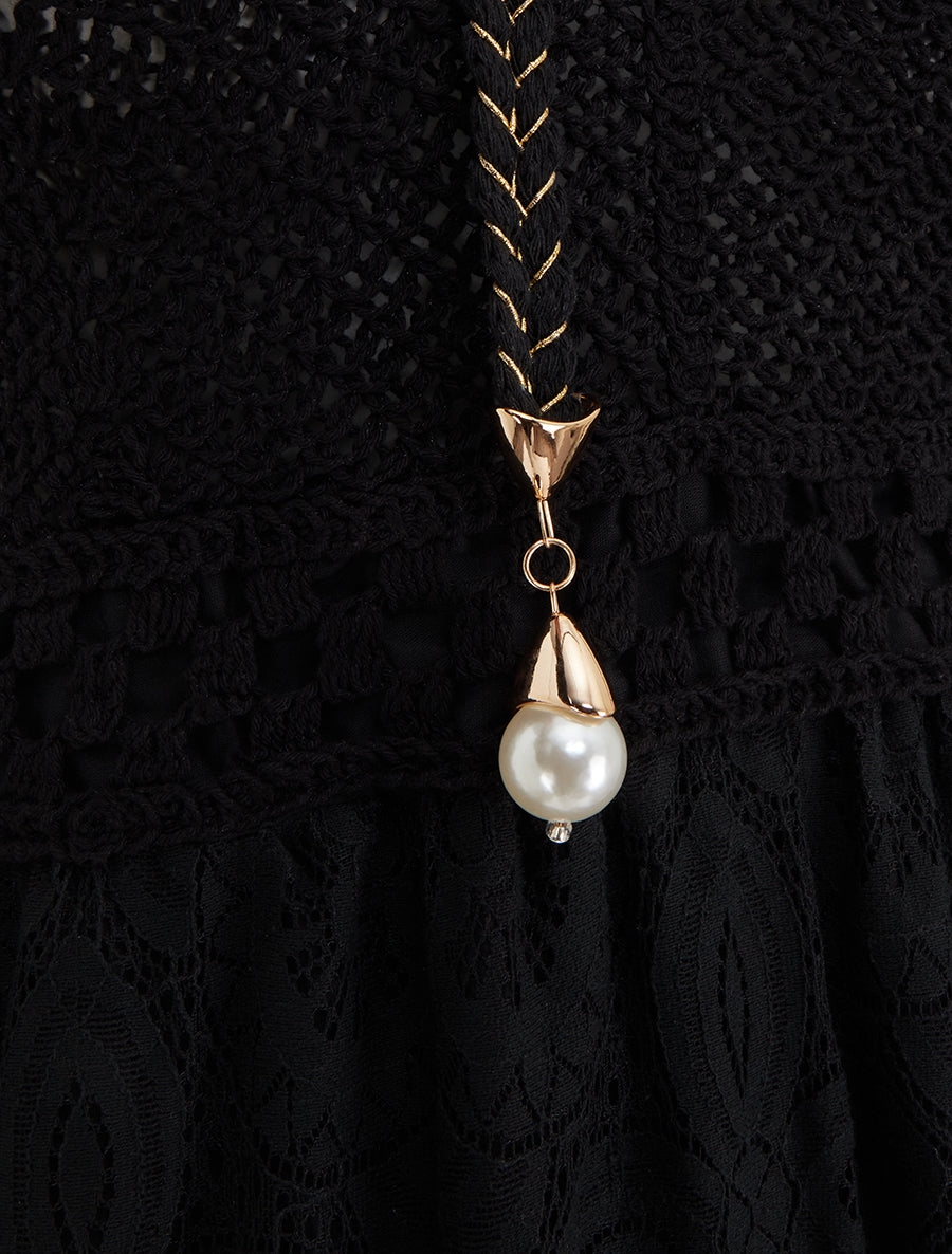 Robe longue en dentelle à bretelles tressées - Noir - 3