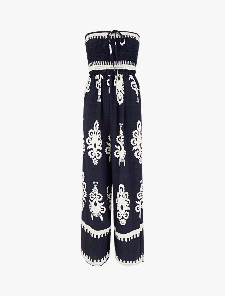 Combinaison à bustier élastiquée et imprimé graphique - Marine - 1