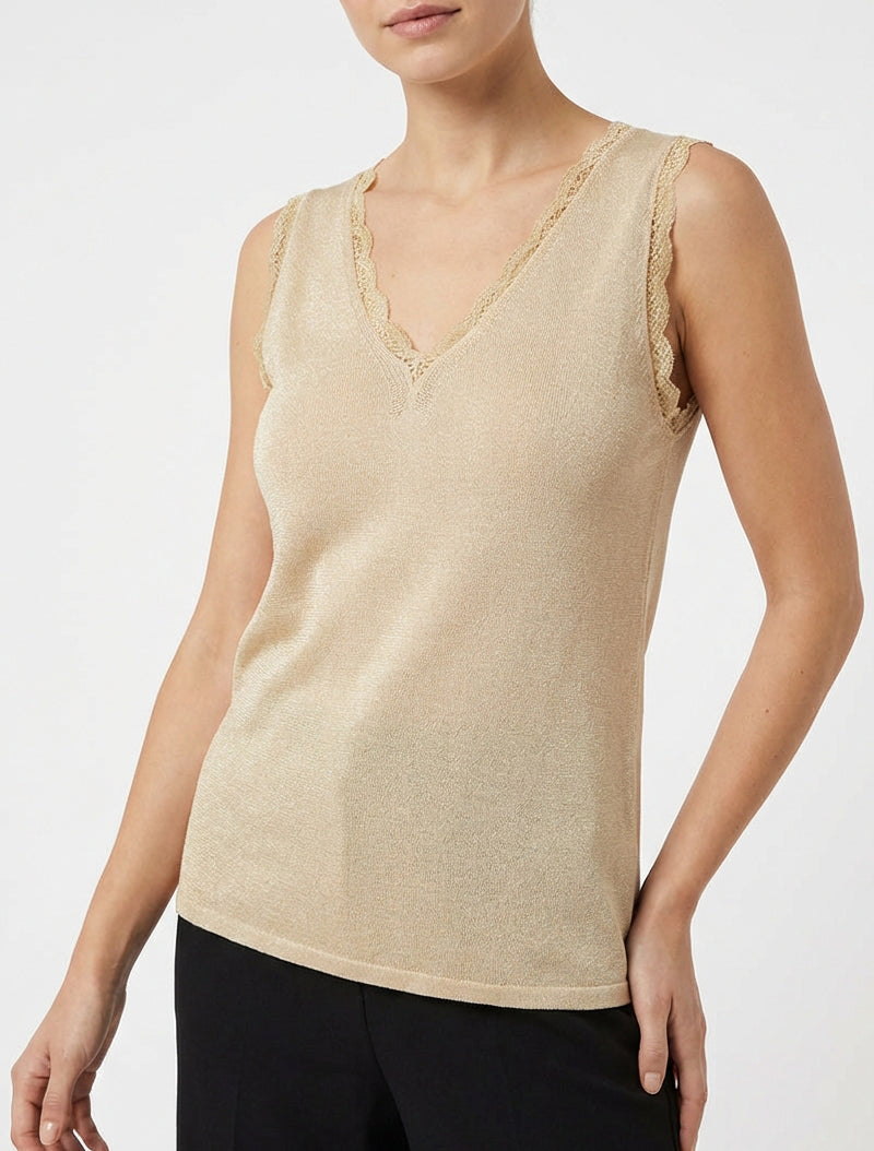 Canotta in maglia iridescente con pizzo - Beige