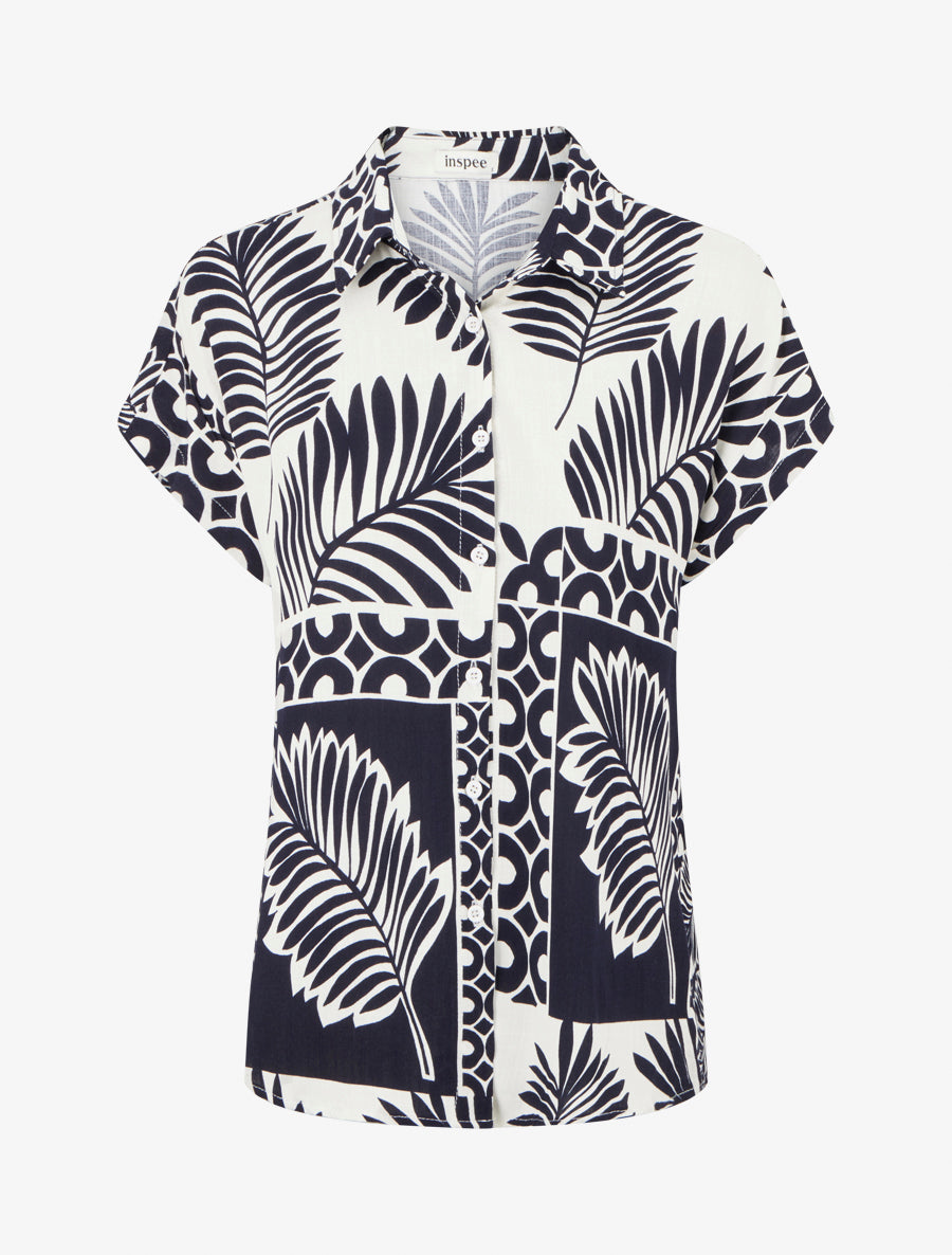 Chemise ample manches courtes imprimé feuilles tropicales - Marine - 1