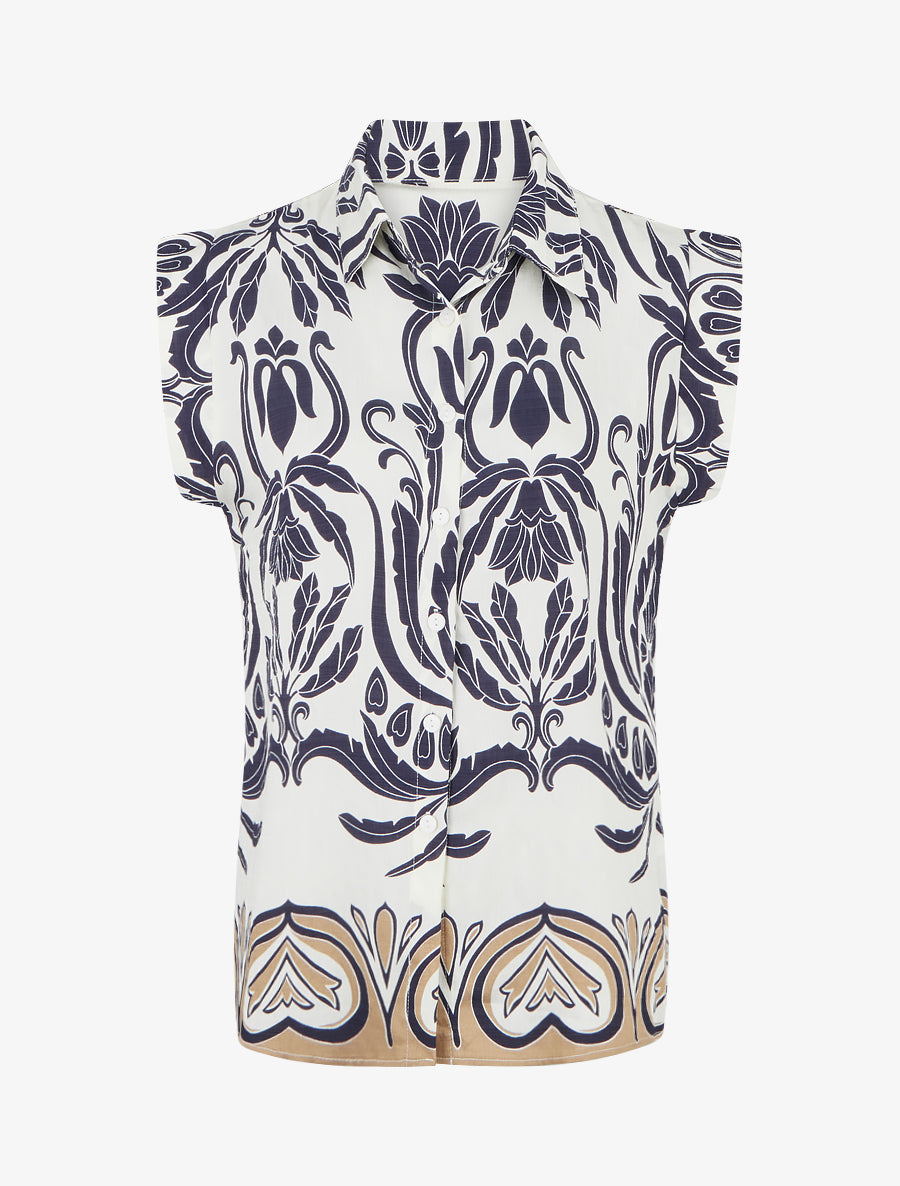 Chemise droite sans manches motif arabesque - Marine - 1