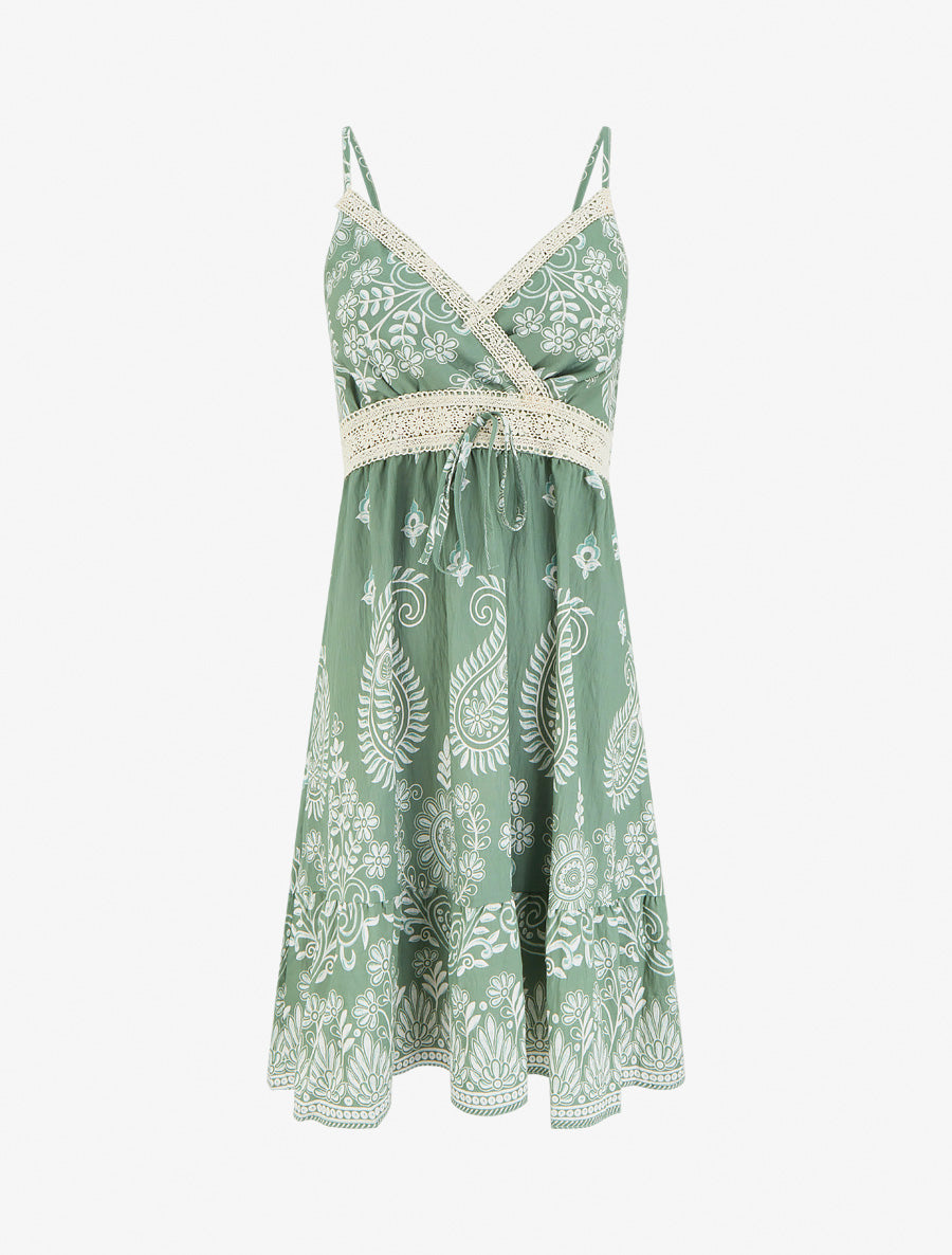 Robe imprimé foulard et fines bretelles - Kaki - 1