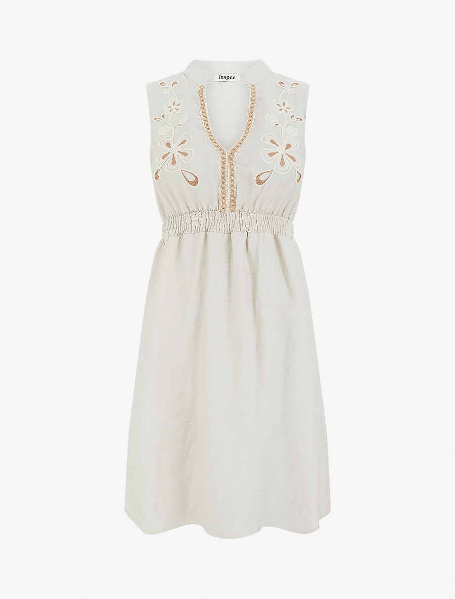 Robe mi-longue élastiquée à buste brodé - Beige - 1