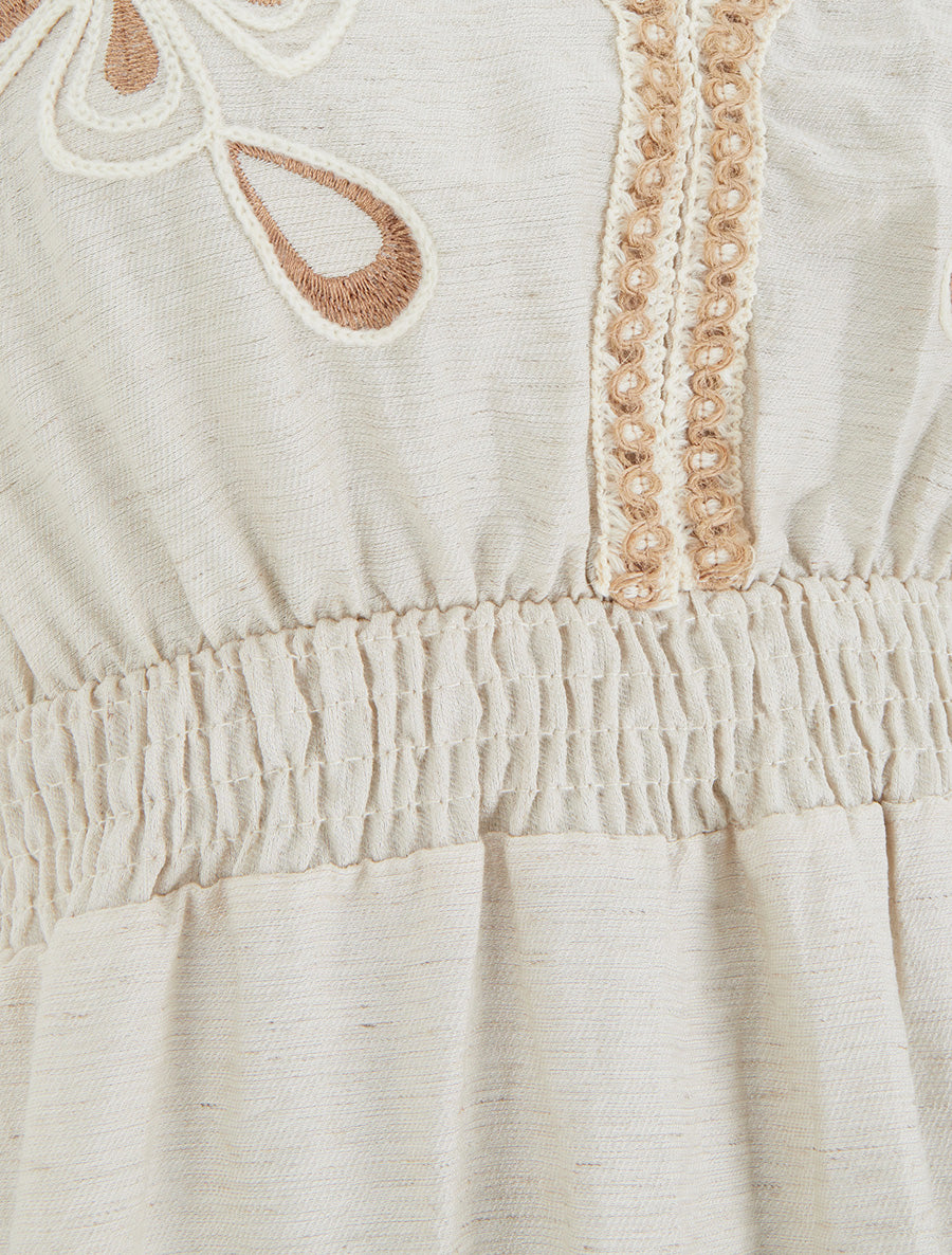 Robe mi-longue élastiquée à buste brodé - Beige - 3