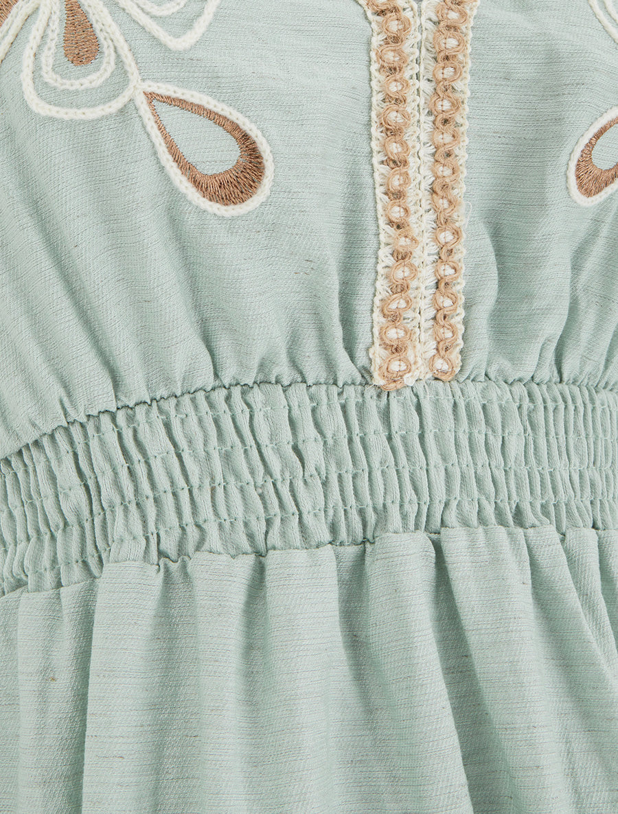 Robe mi-longue élastiquée à buste brodé - Vert pâle - 3