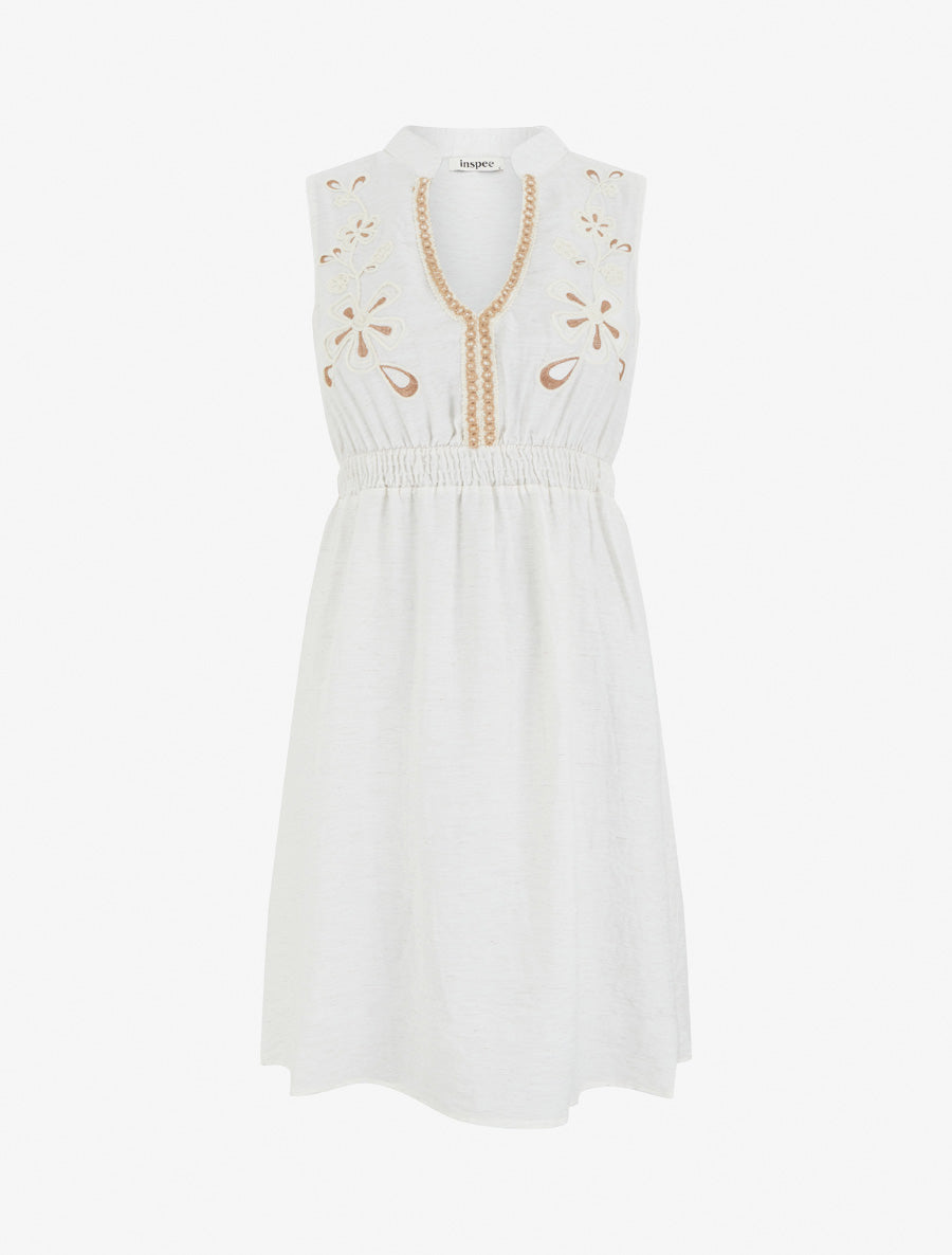 Robe mi-longue élastiquée à buste brodé - Écru - 1