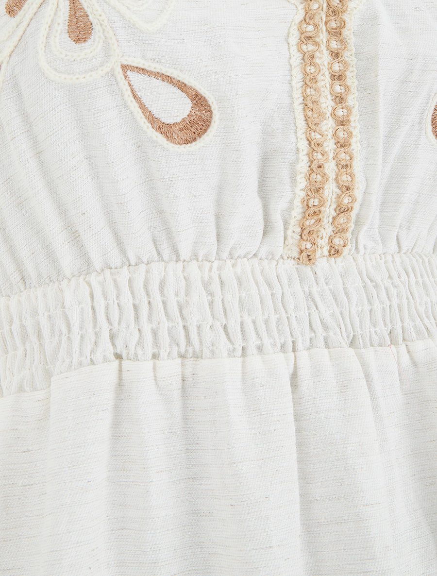 Robe mi-longue élastiquée à buste brodé - Écru - 3