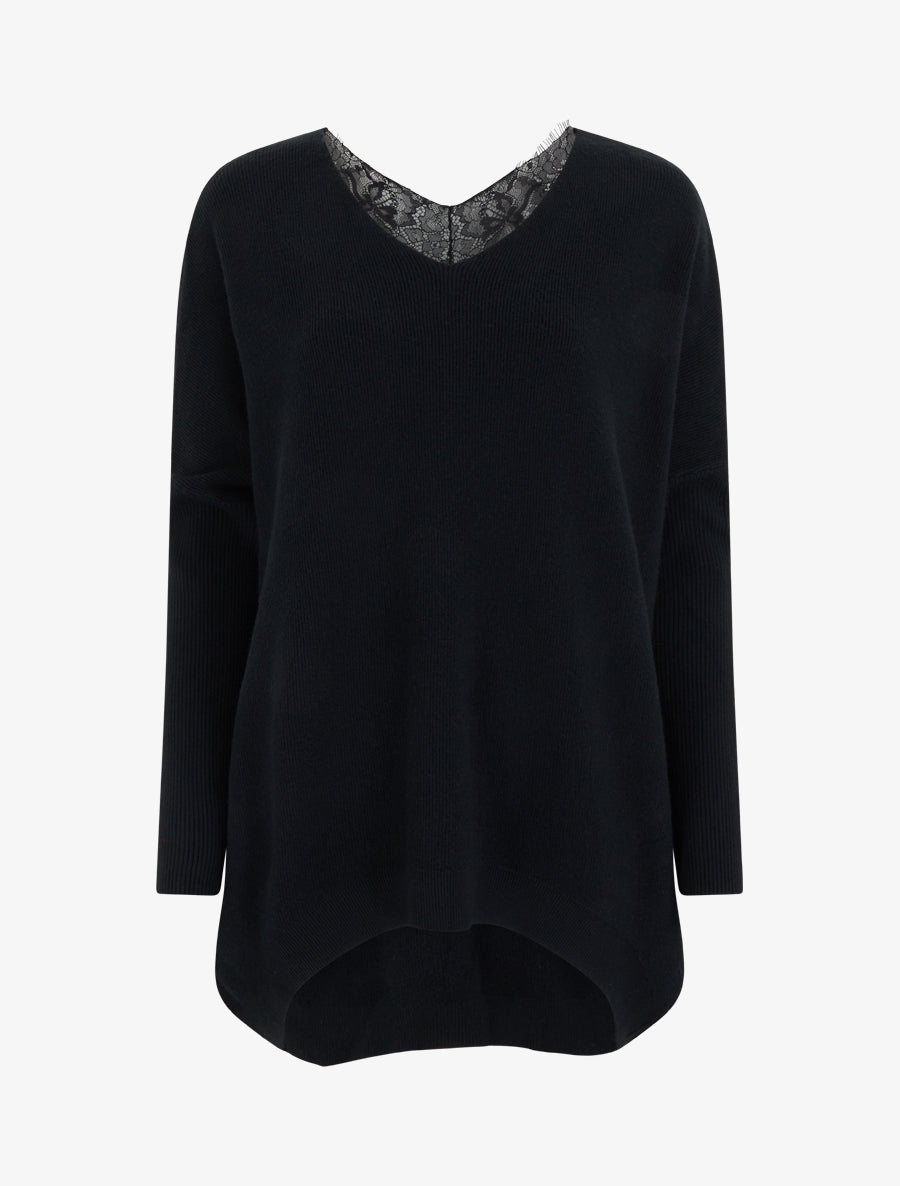 Pull long à détail dentelle au dos - Noir - 1