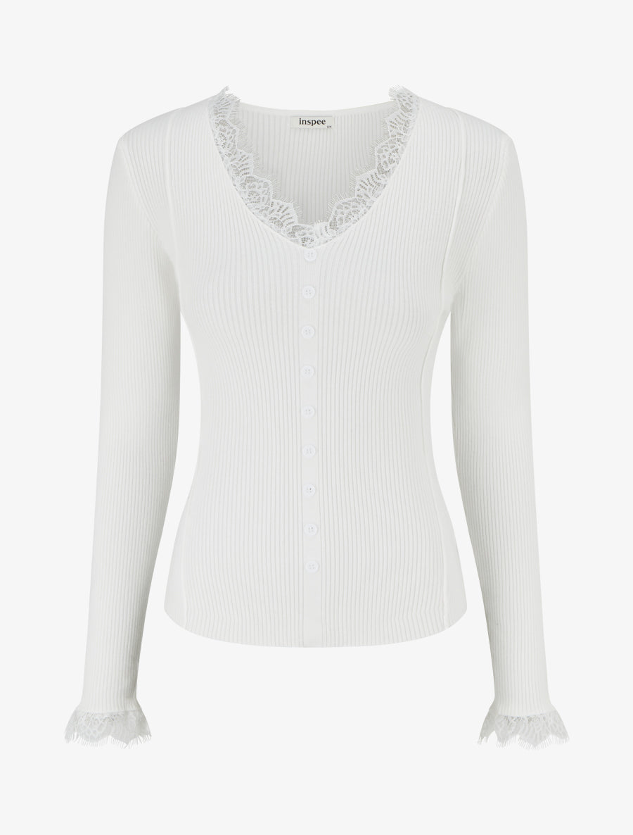 Pull ajusté à col V dentelle et boutons - Écru - 1