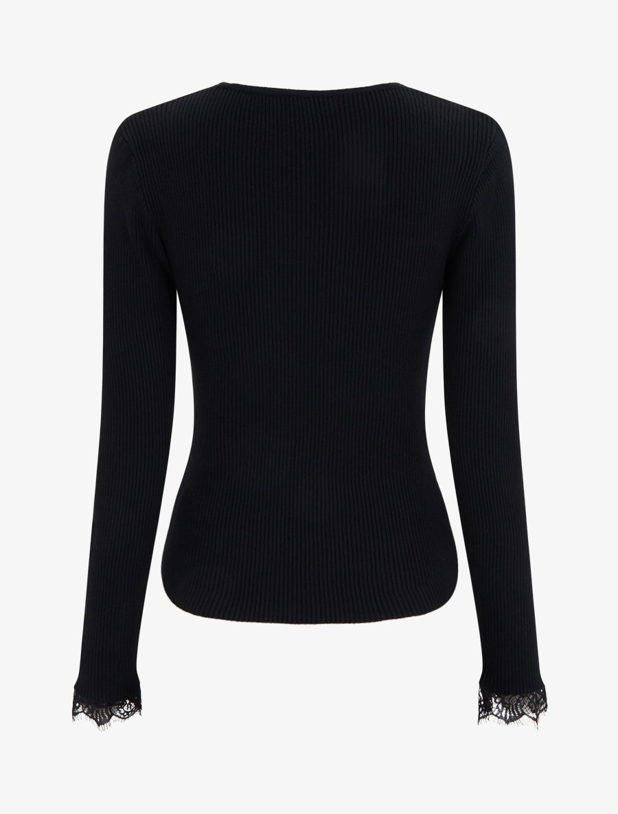 Pull ajusté à col V dentelle et boutons - Noir - 2