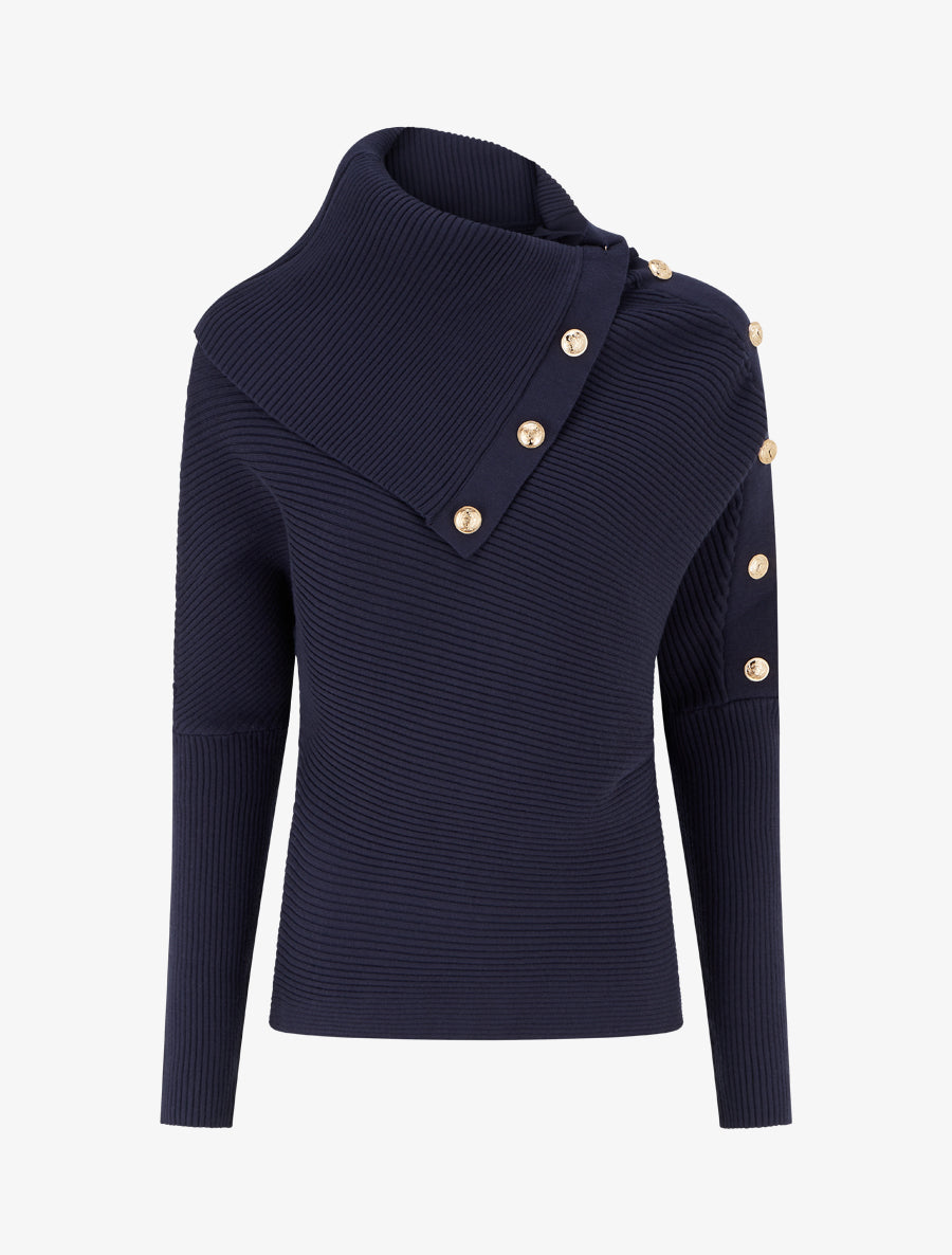 Pull uni à col roulé stylisé - Marine - 1