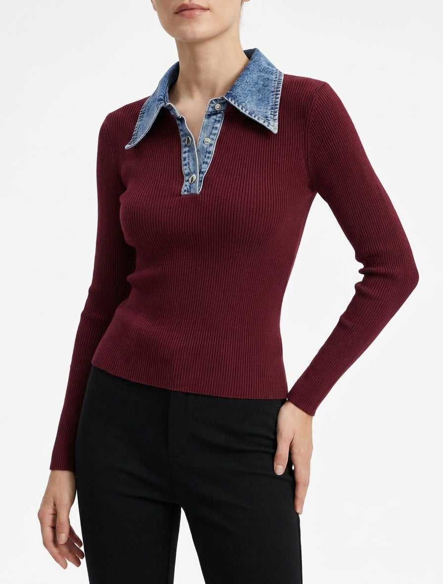 Maglione leggero in maglia con colletto abbottonato in denim. - Bordeaux