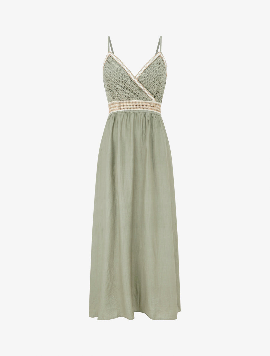 Robe longue uni à buste brodé - Kaki - 1