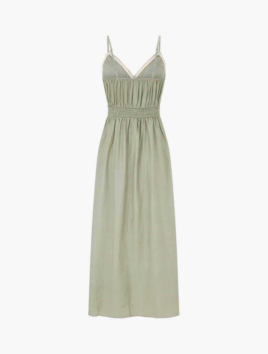 Robe longue uni à buste brodé - Kaki - 2