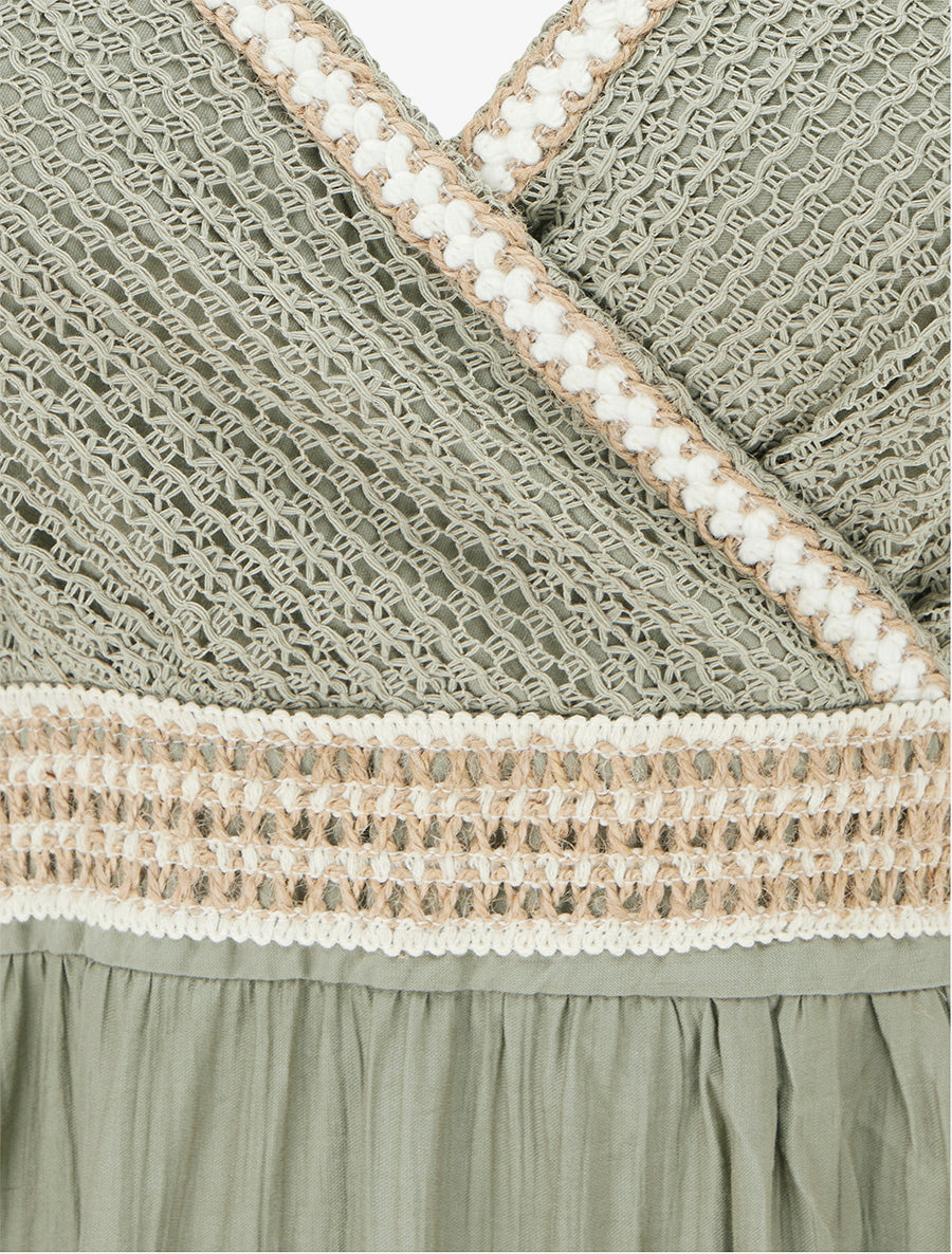 Robe longue uni à buste brodé - Kaki - 3