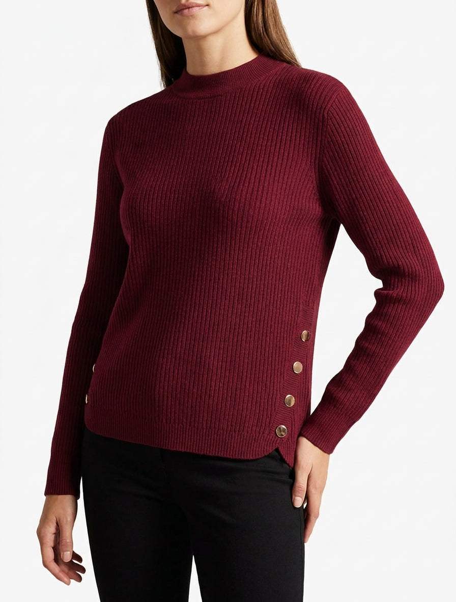 Maglia a coste con inserti e bottoni decorativi - Bordeaux