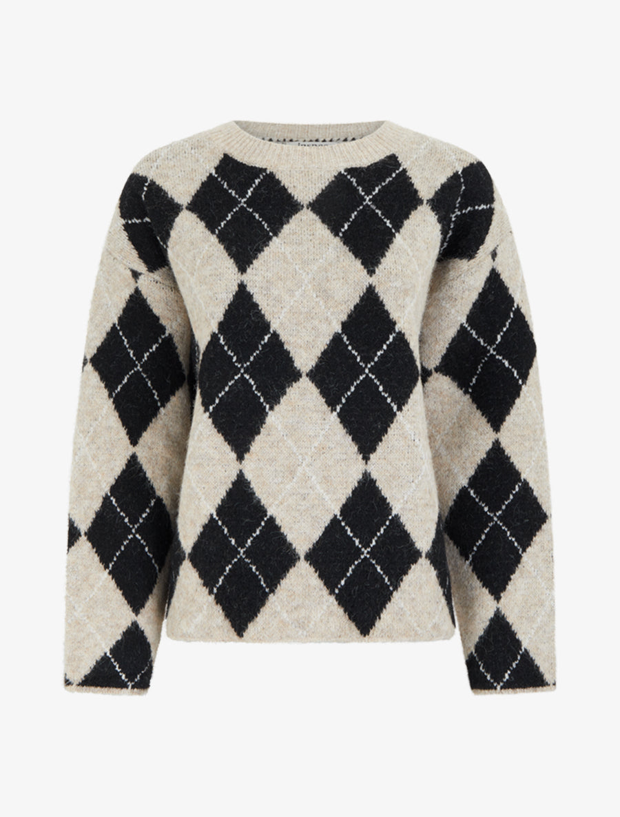 Pull ample en laine mélangée à motif losanges - Beige - 1