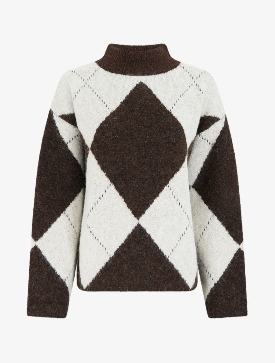Pull en laine mélangée à motif losanges - Marron - 1