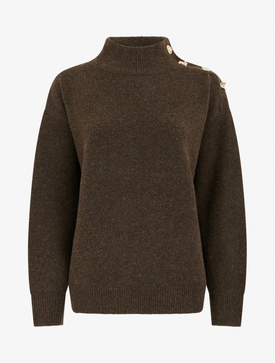 Pull en laine mélangée à boutons fantaisies - Marron - 1