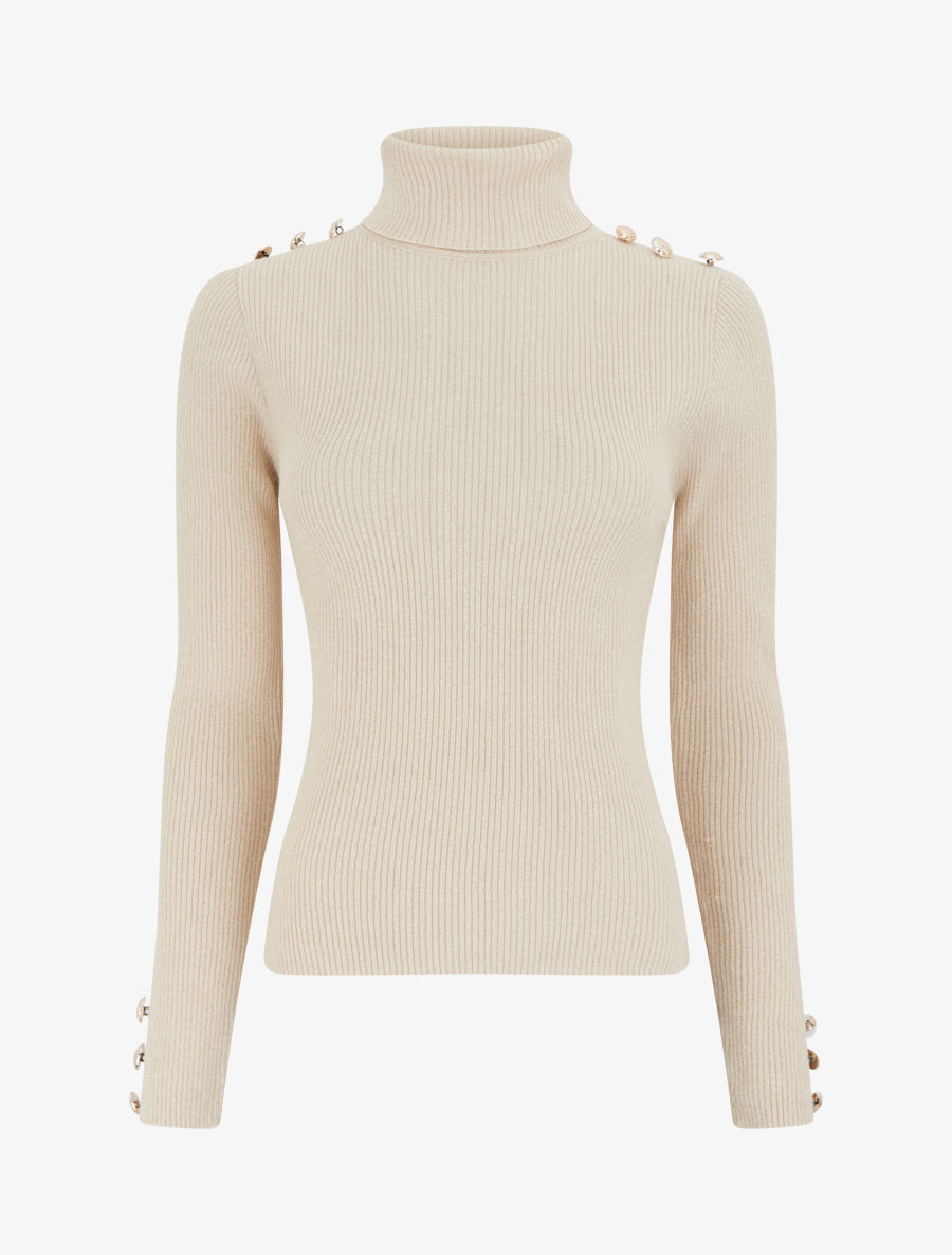 Pull en maille côtelée pailleté à col roulé - Beige - 1