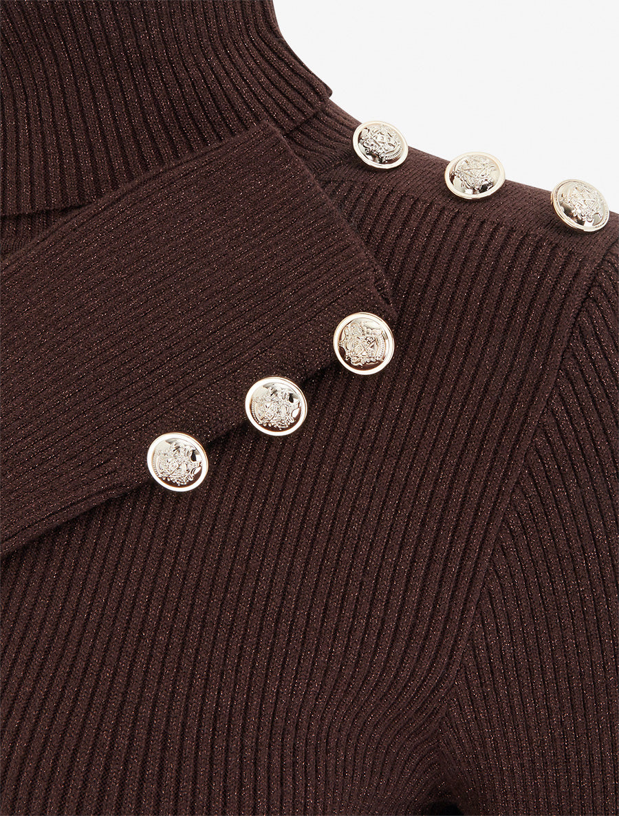 Pull en maille côtelée pailleté à col roulé - Marron - 3
