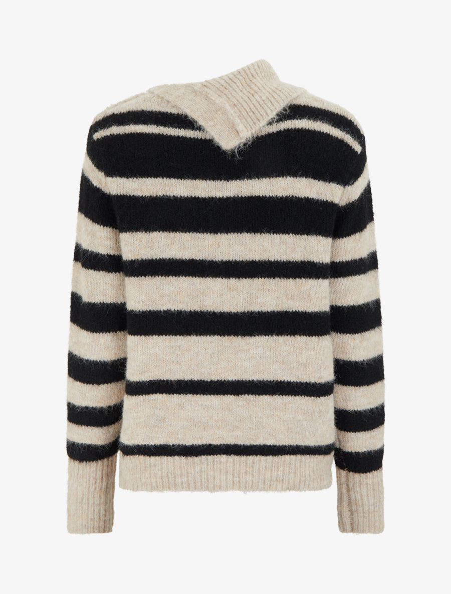 Pull rayé à col châle fantaisie et bouton bijoux - Noir/taupe - 2