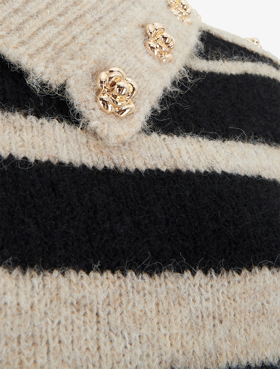 Pull rayé à col châle fantaisie et bouton bijoux - Noir/taupe - 3