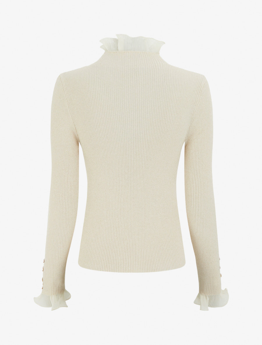 Pull côtelé et pailleté à col montant volanté - Beige - 2