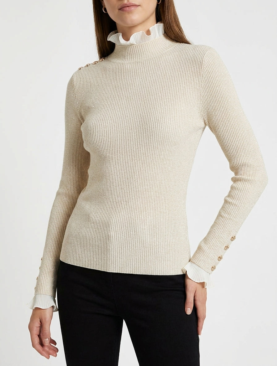 Maglione a coste e glitter con collo alto arricciato - Beige