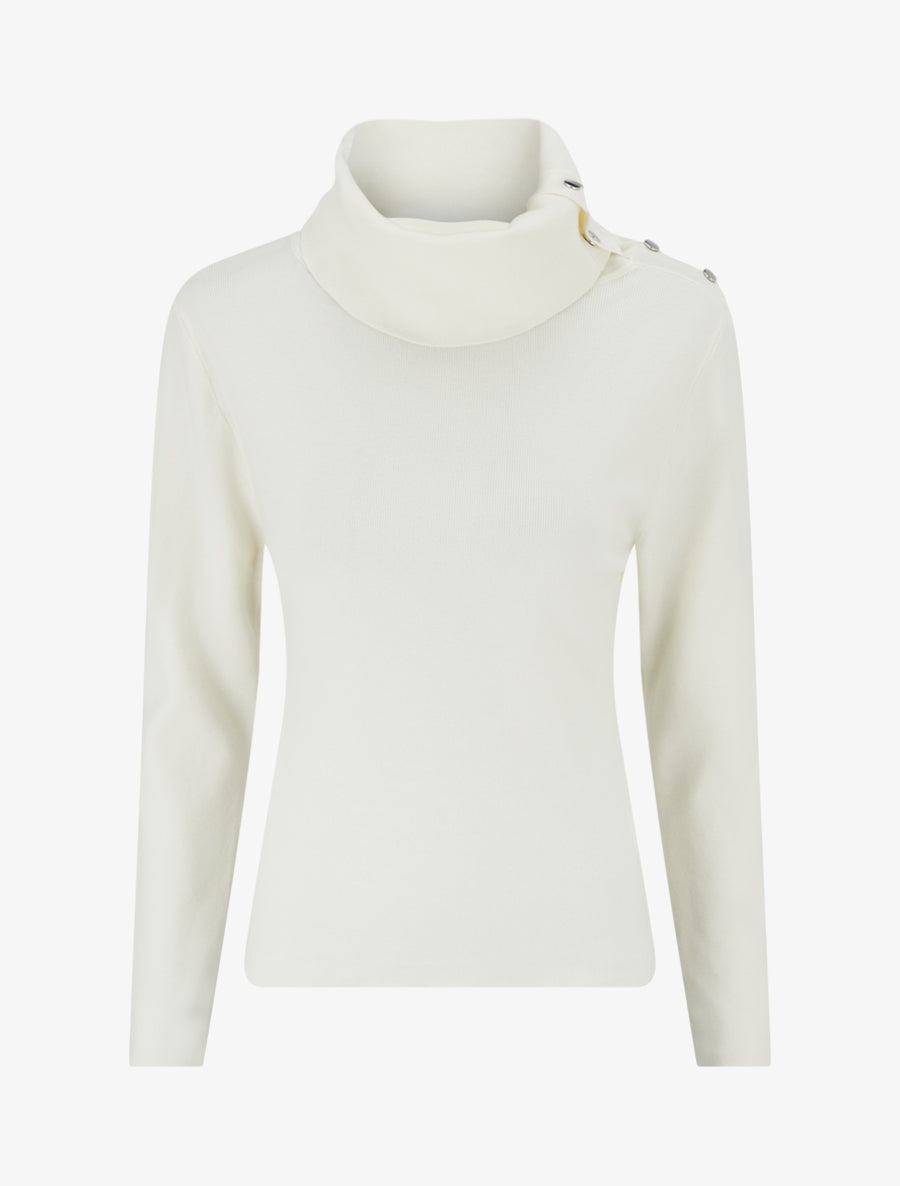 Pull fin côtelé à col roulé boutonné - Crème - 1