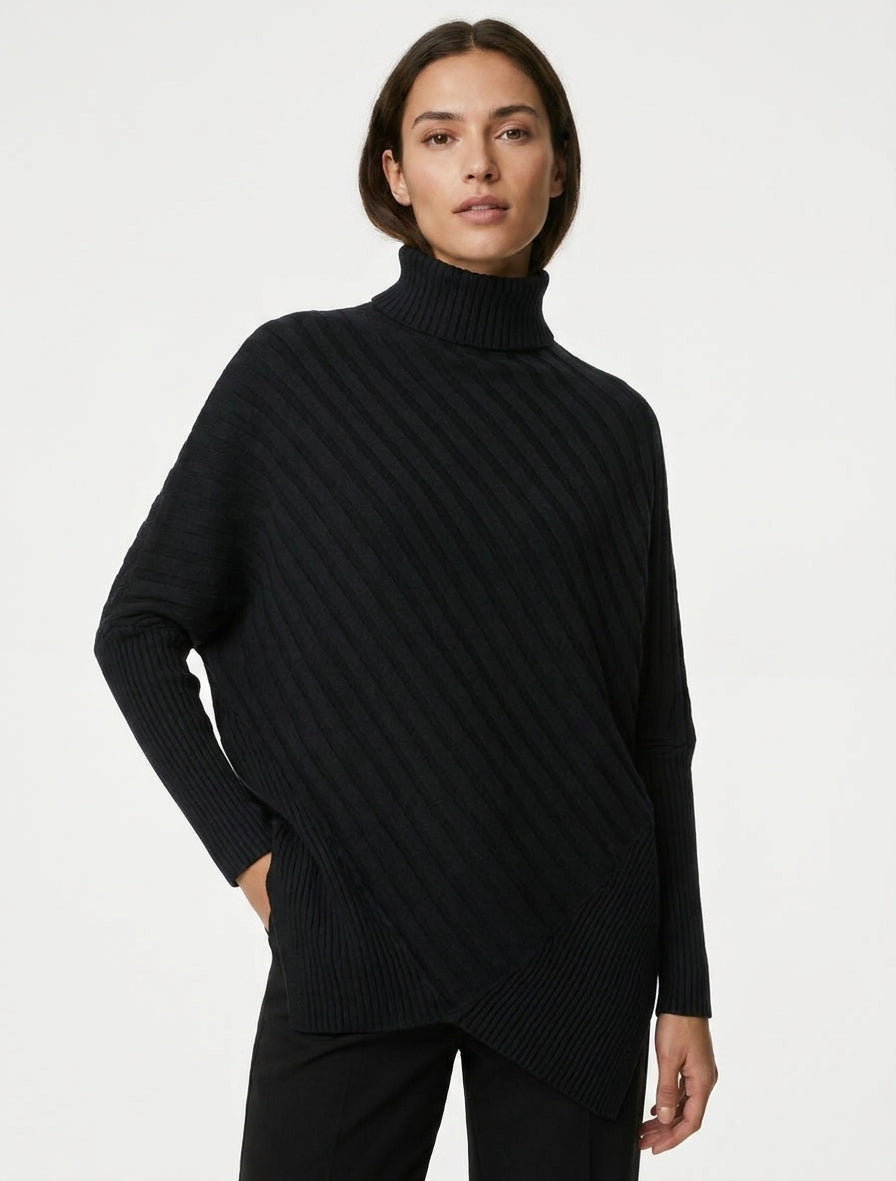 Maglione oversize asimmetrico a collo alto - Nero