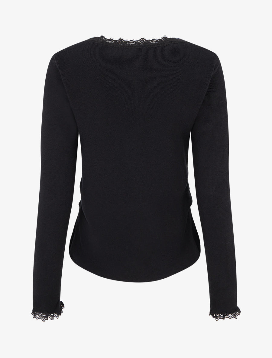 Pull côtelé à fils irisés et dentelle - Noir - 2