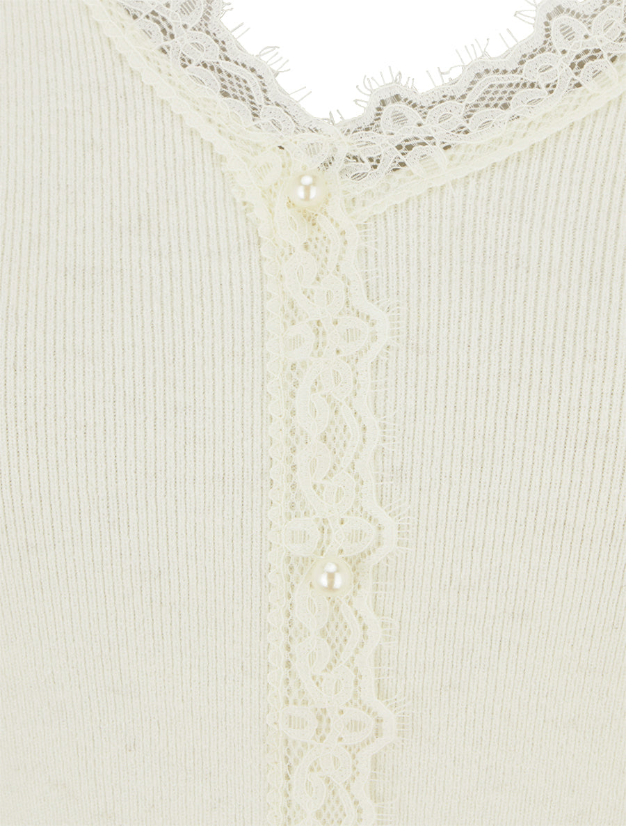 Pull côtelé à fils irisés et dentelle - Blanc - 3
