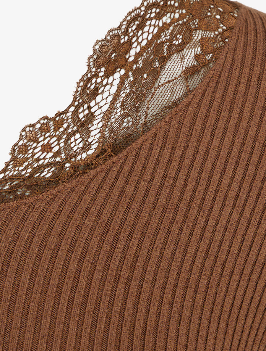 Pull côtelé à col en dentelle - Camel - 3