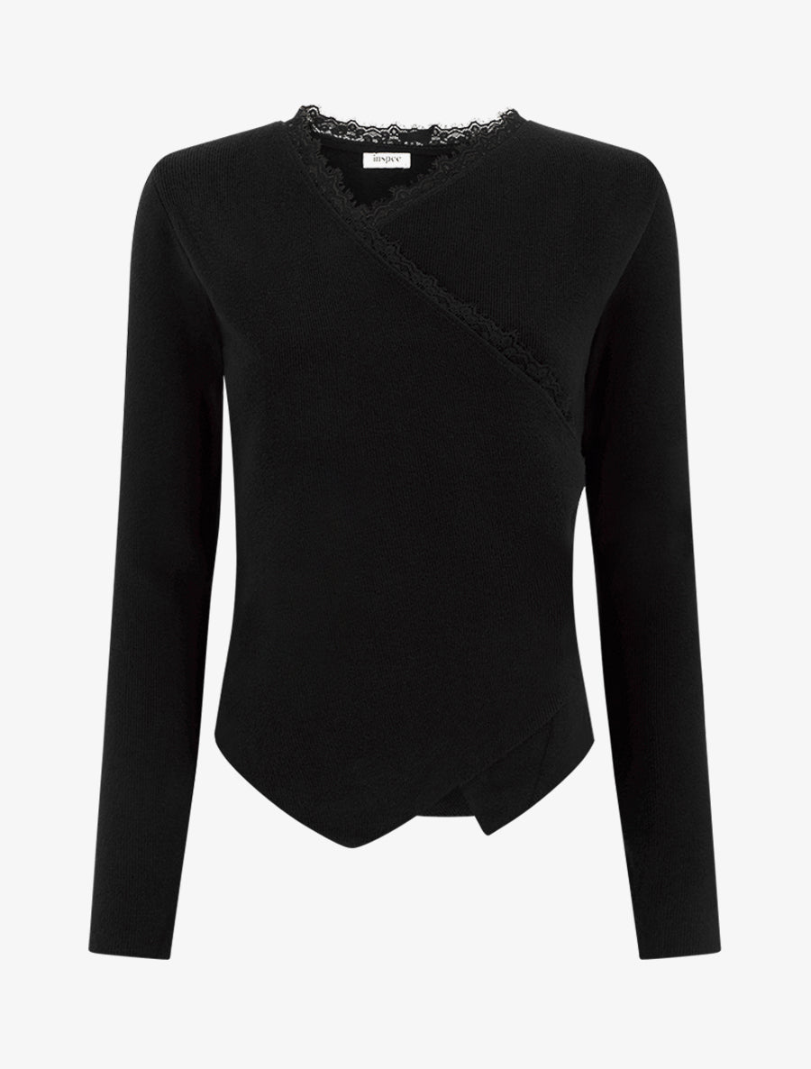 Pull côtelé asymétrique à détail dentelle - Noir - 1