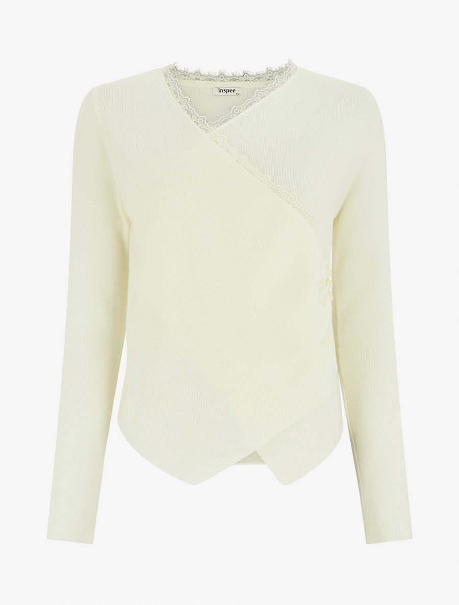 Pull côtelé asymétrique à détail dentelle - Crème - 1